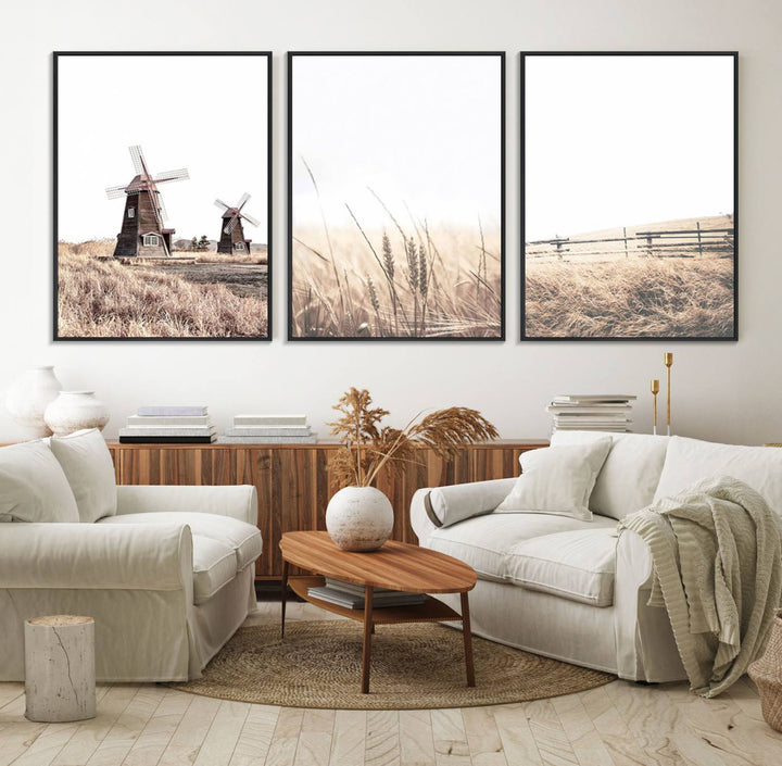 Farmhouse wall art set: 3 giclee canvas prints featuring windmills and wheat fields.