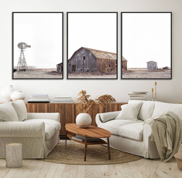 The Set of 3 Rustic Farmhouse Wall Art Prints features a barn, wheat field, and landscape.