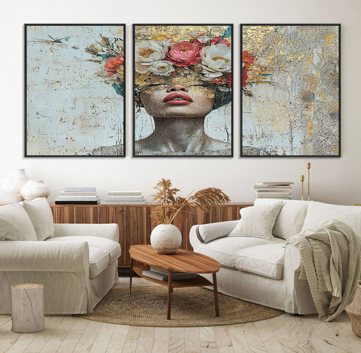 Golden Petal Canvas Print of a silhouette woman with a floral head creates a captivating focal point in the space.