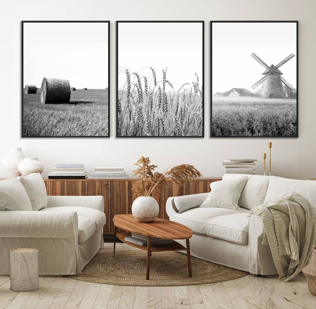 The Vintage Farmhouse Triptych Wall Art, featuring hay bales and a windmill, hangs prominently.