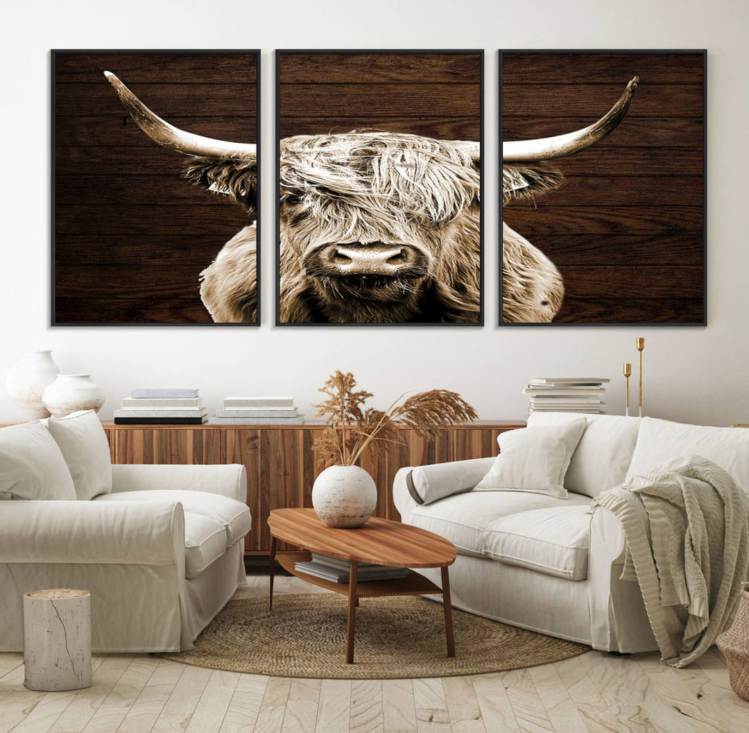 Highland Cow Wall Art Canvas Print: Majestic Scottish bull on rustic decor, ready to hang.