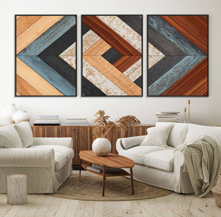 A Geometric Wood Art Wall Decor with a rustic pattern hangs prominently.