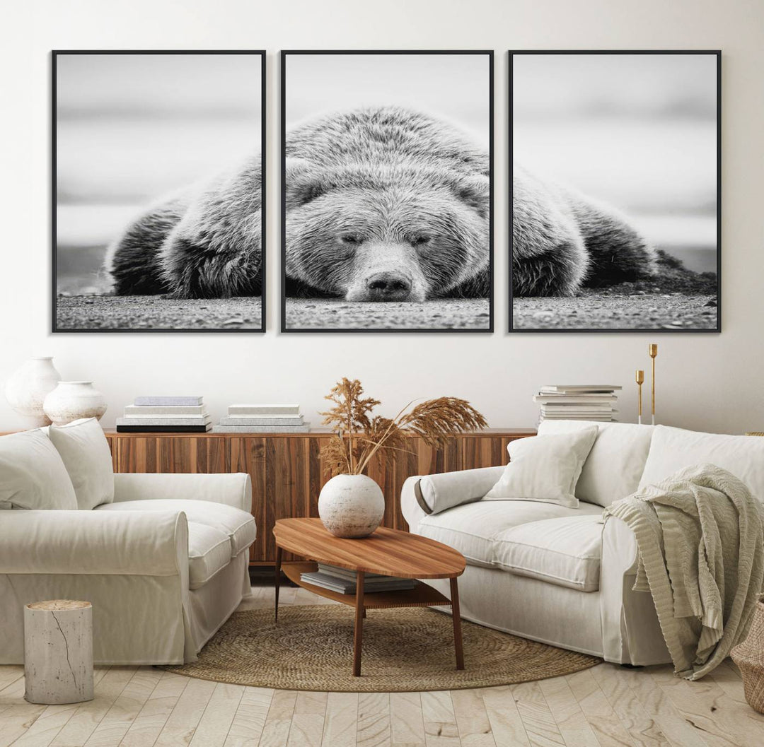 Resting Grizzly Bear wall art displayed in a modern room.