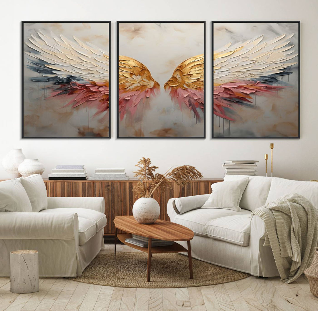 The Golden Angel Wings canvas print elegantly adorns the wall.