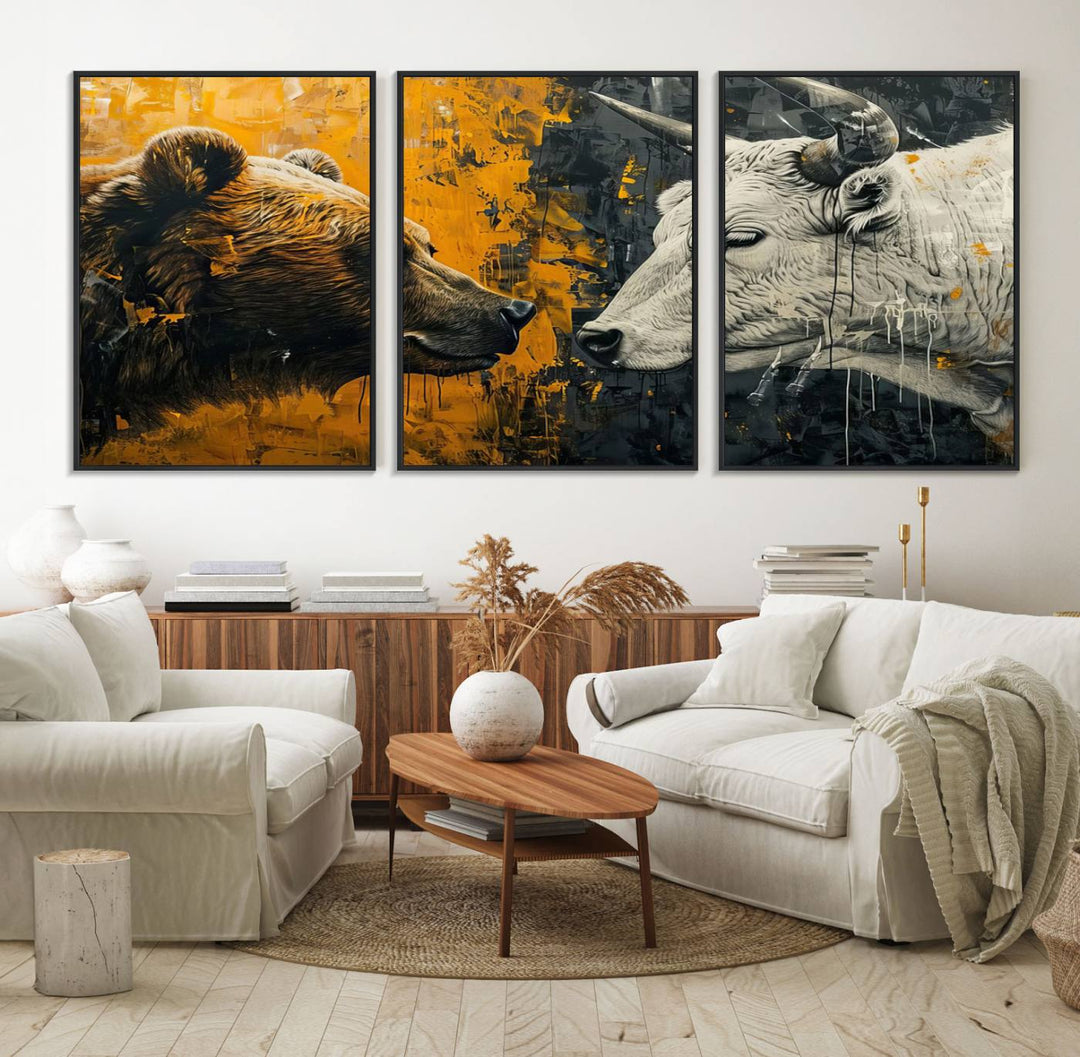 The Bear and Bull Wall Art Canvas Print adorns the wall.