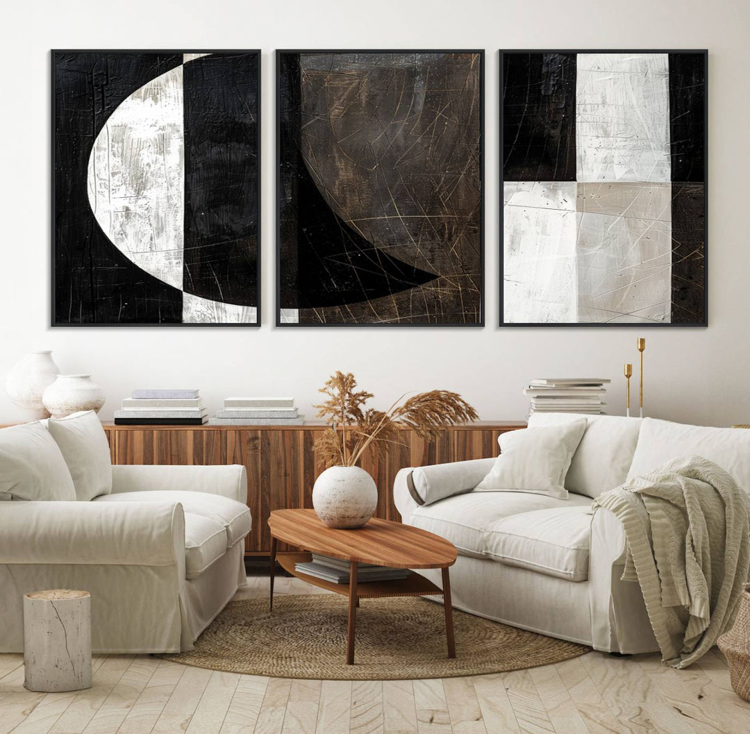 Wabi Sabi Wall Art Canvas Set features black, white, and brown geometric shapes.