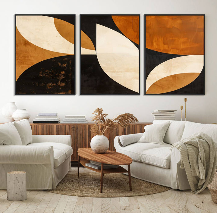 Geometric abstract wall art print featuring leaf shapes in brown, beige, and black.