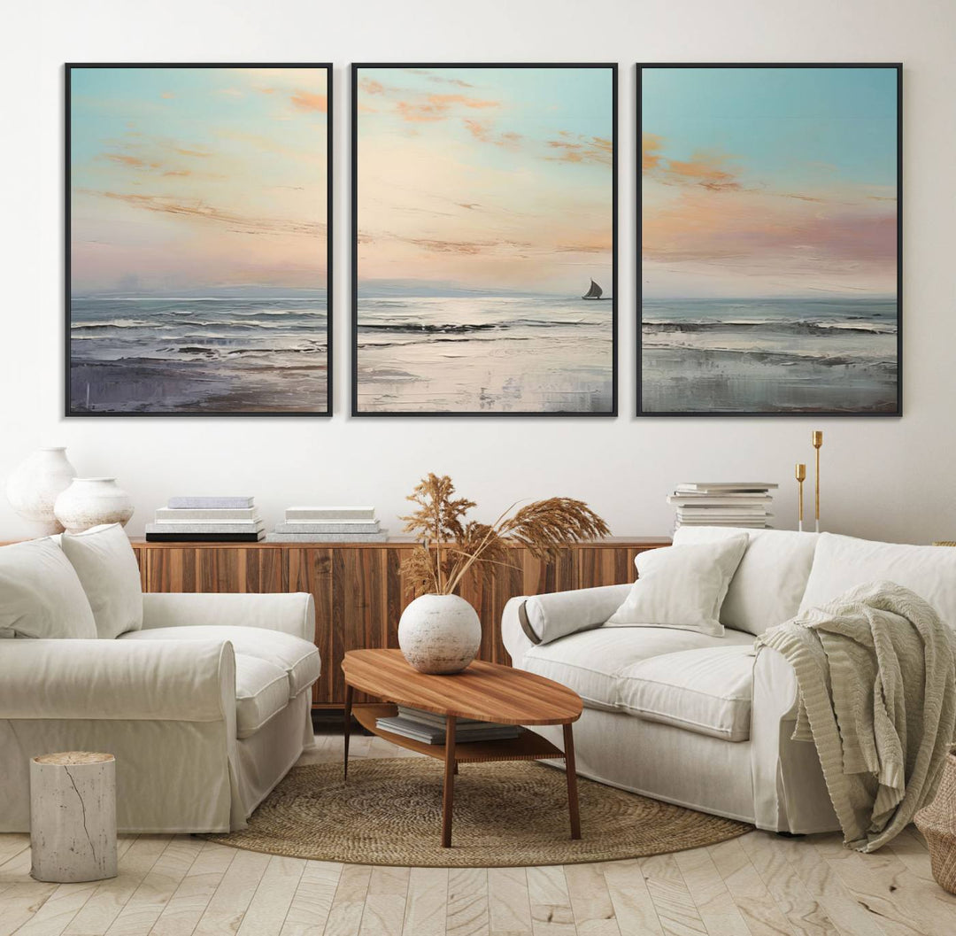 An Abstract Ocean Wall Art - Boat Canvas Print hangs prominently.