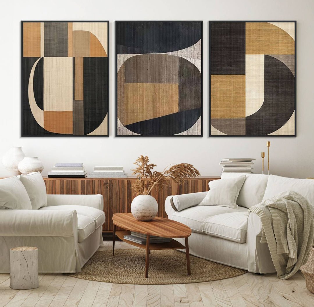 The Modern Brown Wabi Sabi Abstract Canvas Print Set hangs on the wall.