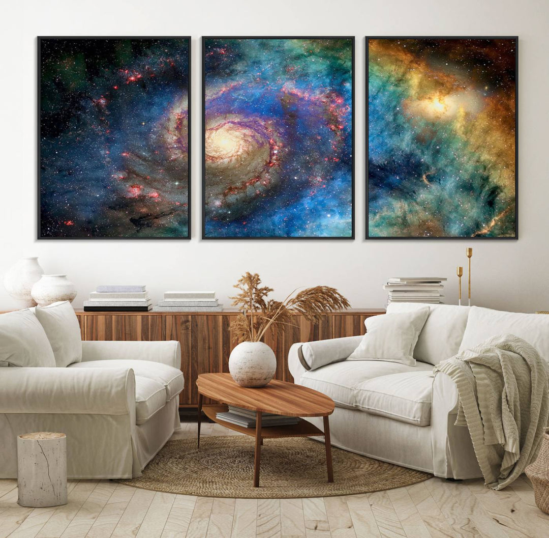 A Spiral Galaxy Wall Art Canvas Print hangs prominently.