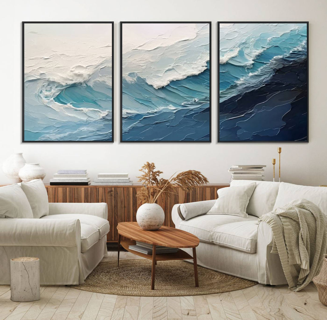 A Blue Abstract Wave Ocean Wall Art Canvas Print adorns the wall.