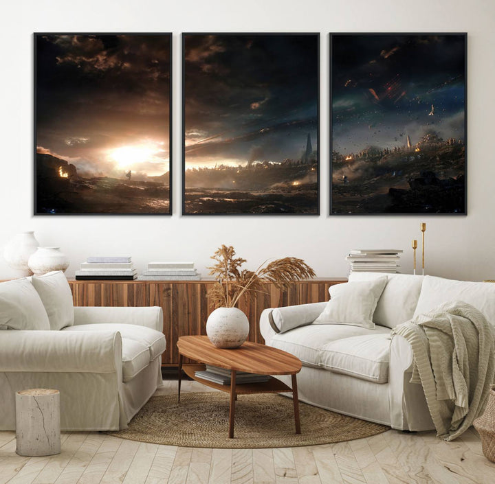 The Avengers Planet Wall Art Canvas Print depicts a stormy sky with figures.