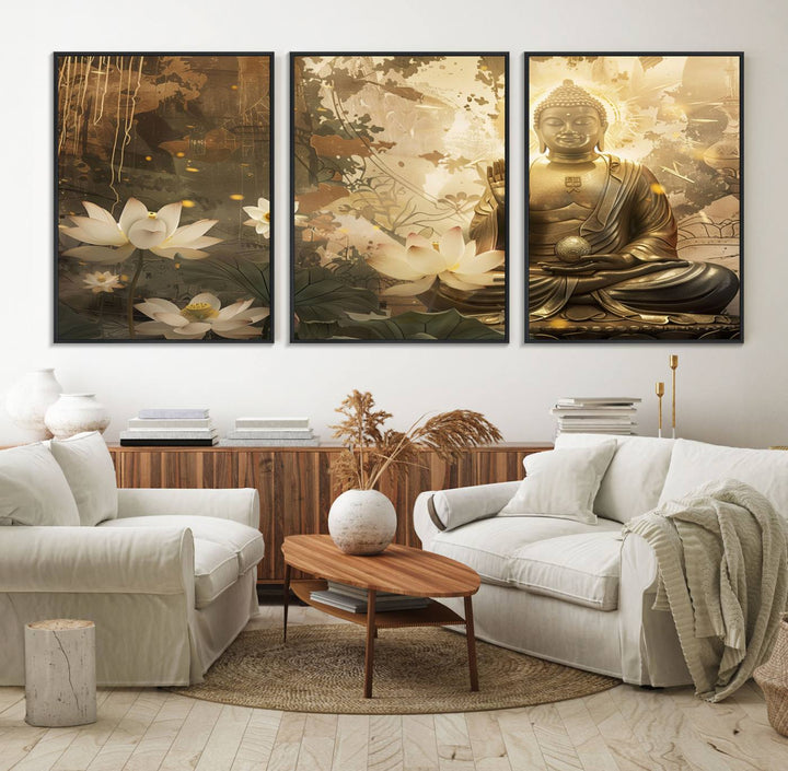 The living room features the Zen Buddha Wall Art Canvas Print with lotus flowers.