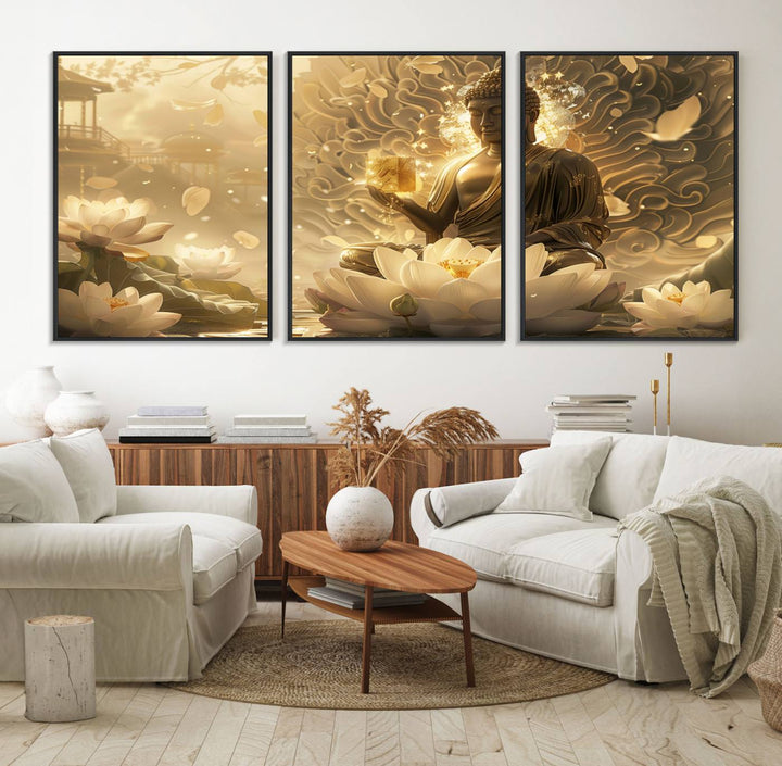 A framed Golden Buddha Wall Art with lotus flowers, ideal for meditation rooms, is beautifully displayed.