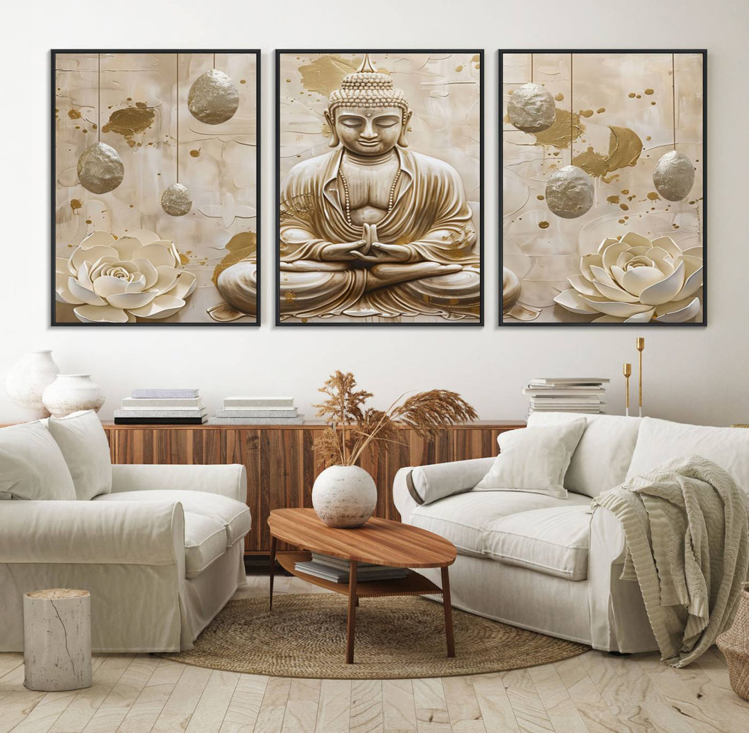 A modern Serene Buddha Wall Art, enhanced by lotus flowers, creates a tranquil atmosphere.