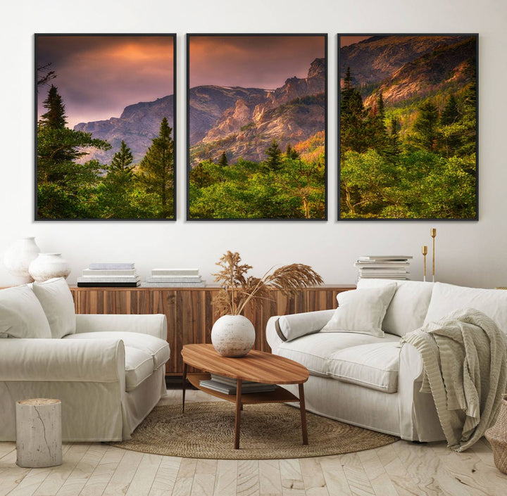 The Colorado Rockies Mountains wall art canvas print at sunset is displayed prominently.