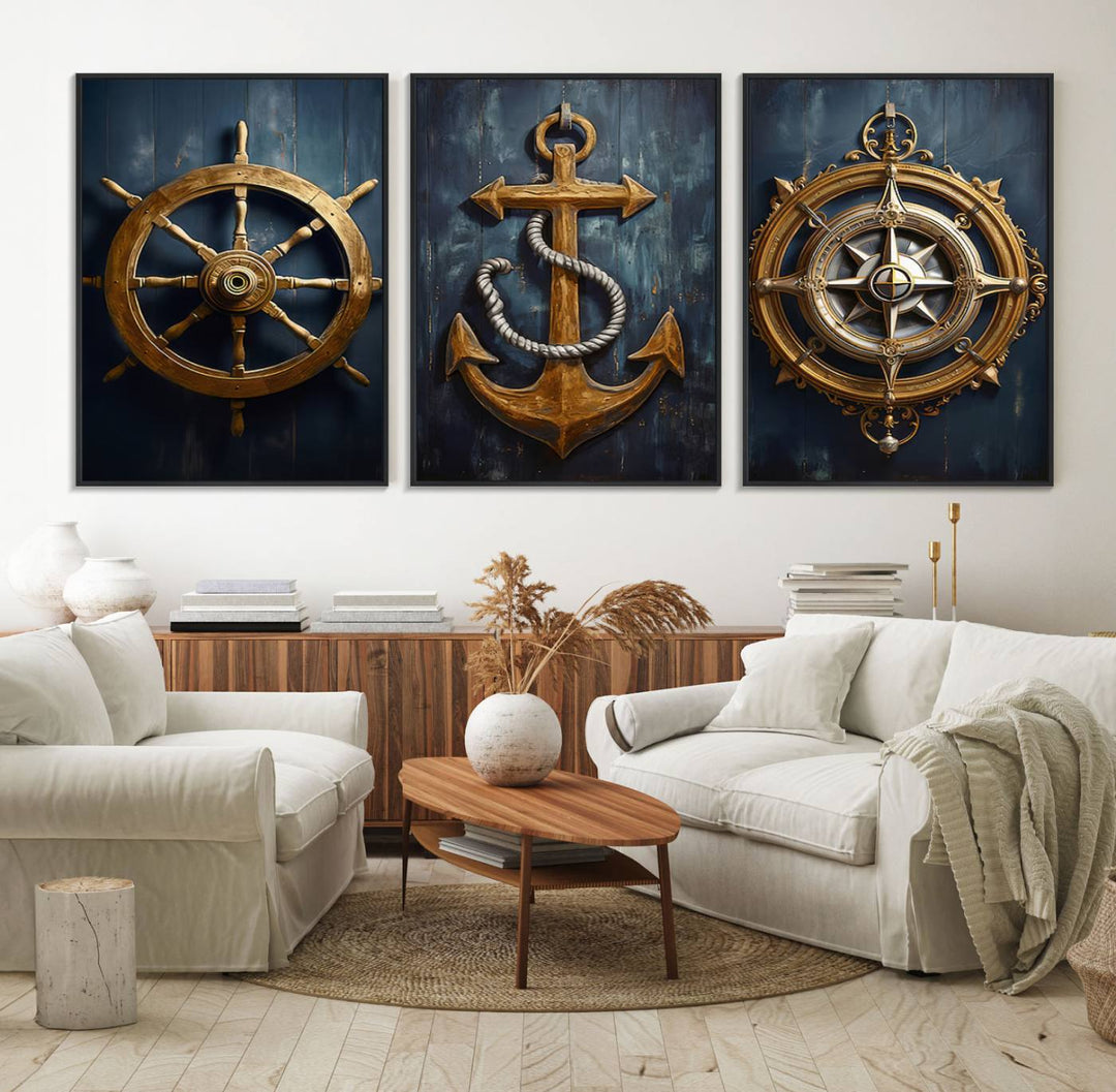 Boat Anchor Compass With Rope Wall Art: A nautical-themed canvas print.