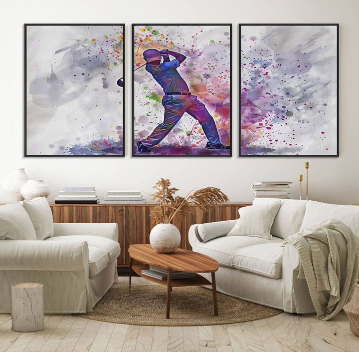Vibrant abstract silhouette of a golf swing on white with multicolored splatters. Perfect for enthusiasts!.