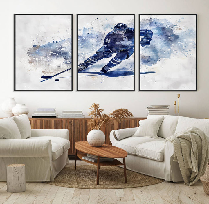 Vibrant Hockey Player Wall Art Display: Blue watercolor print.