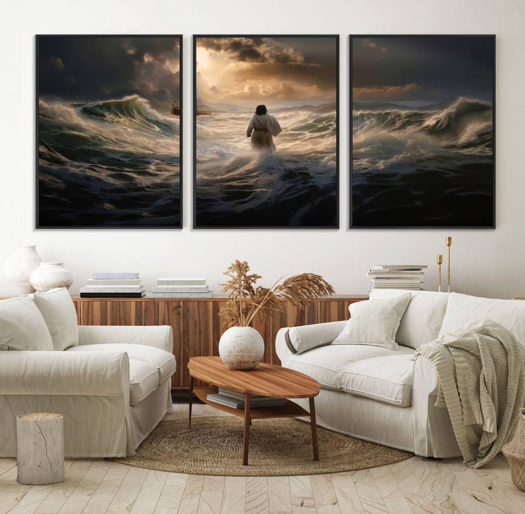 The wall art canvas print depicts a person in white striding on stormy ocean waves towards a sailboat under dramatic skies.