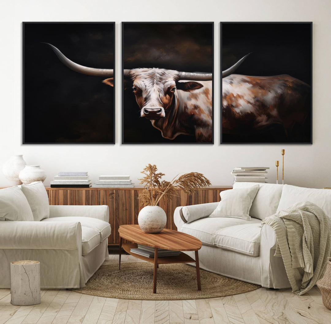 A modern kitchen featuring a Texas Longhorn Wall Art Canvas Print.