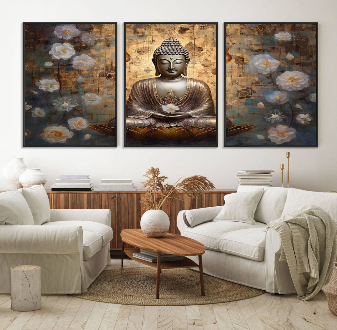 Golden Buddha wall art canvas print on a warm backdrop.