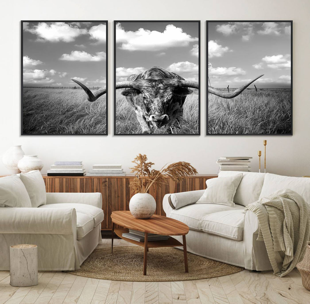 Longhorn Cow Field Canvas Print featuring rustic charm with a windmill backdrop.