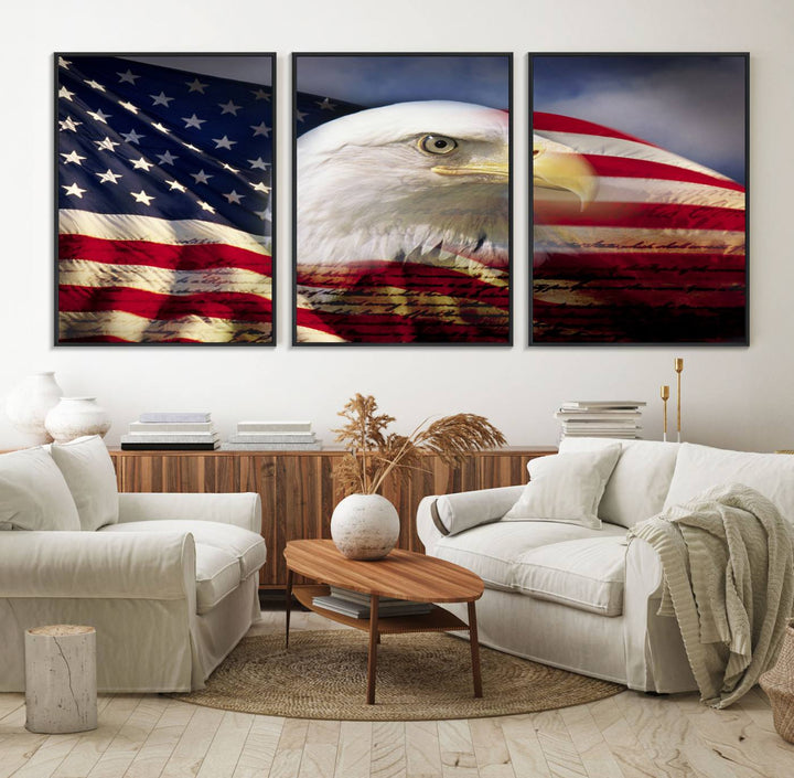 On the wall is an American Flag Eagle Symbol Wall Art Canvas Print.