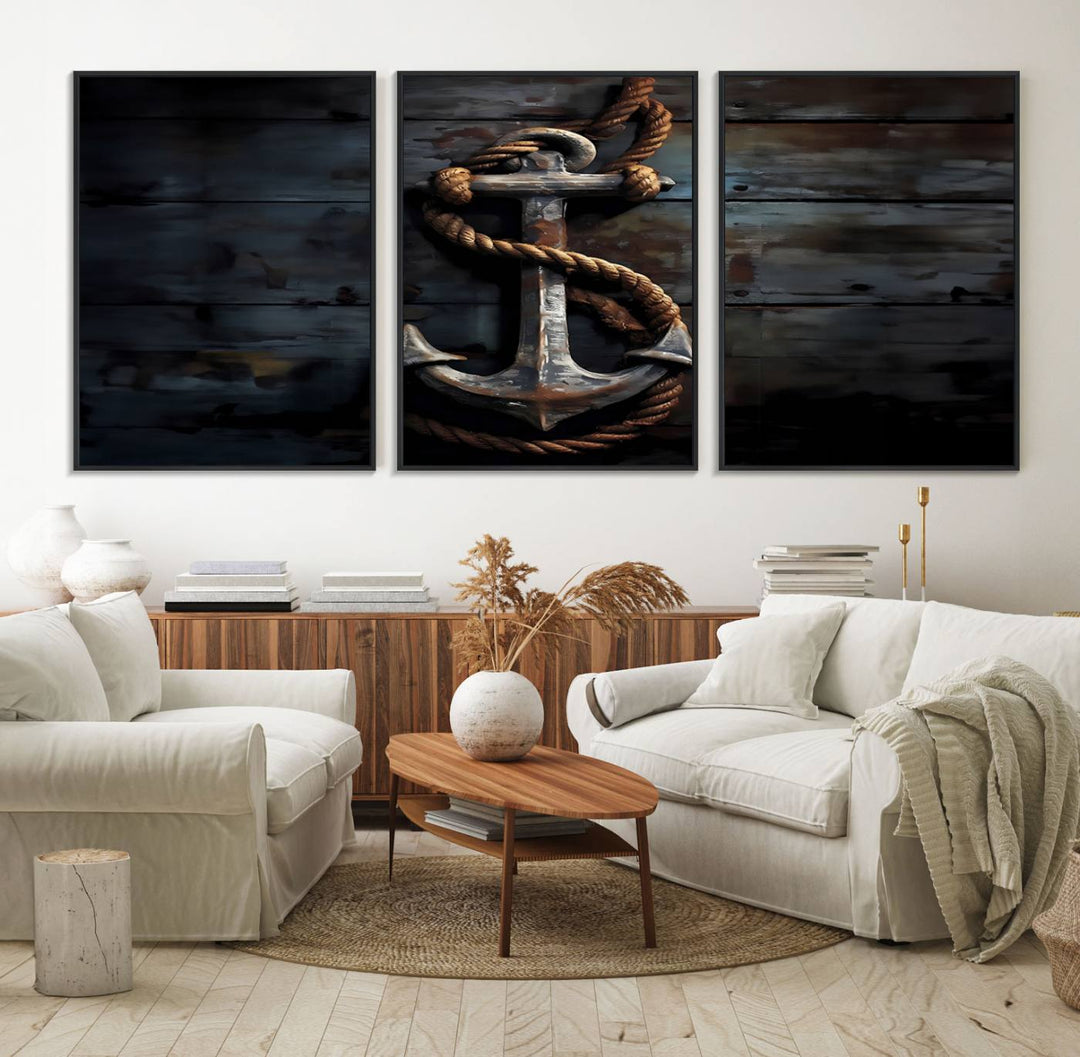 A "3 Panel Grunge Abstract Anchor Wall Art Canvas Print Set" adorns the wall, showcasing an anchor wrapped with rope. This museum-quality canvas boasts high-resolution printing and is professionally hand-assembled, elevating any space with elegance and artistic flair.