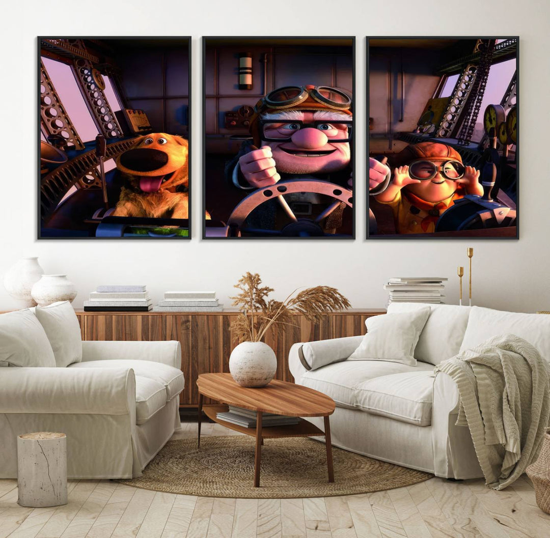 A man, boy, and dog flying a plane are depicted in the Carl Russel & Dog Movie Up wall art.