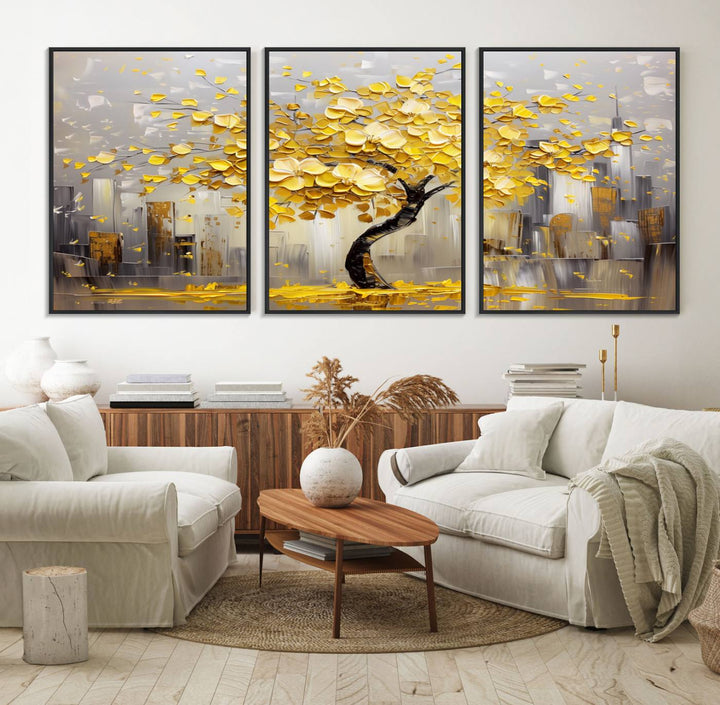 Golden Tree Canvas Print: Abstract wall art featuring golden leaves over a cityscape, ideal for modern homes. Ready to hang.