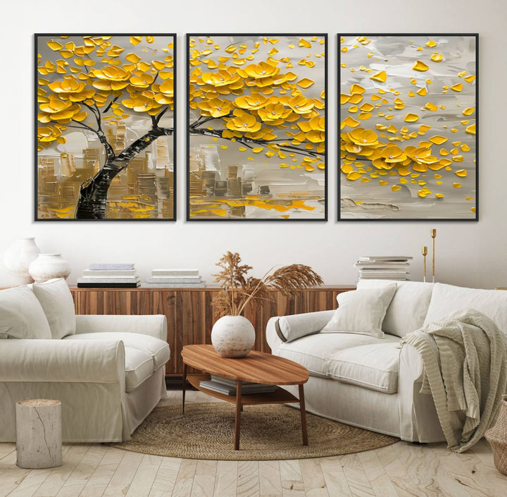 The living room showcases a Yellow Blossom Tree Canvas Wall Art, modern and floral.