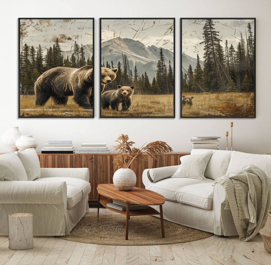 Rustic Grizzly 399: Bear Family Wall Art Canvas Print.