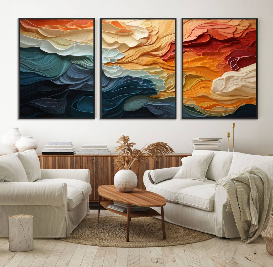 Blue Orange Abstract Wave Wall Art Canvas Print.