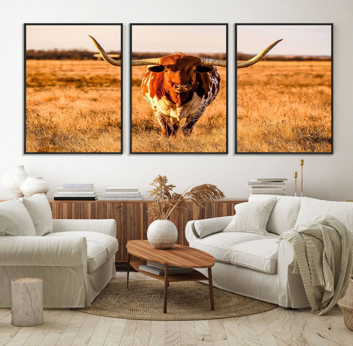 The Longhorn Cow Wall Art framed canvas brings rustic charm and farmhouse decor with its warm field scene.