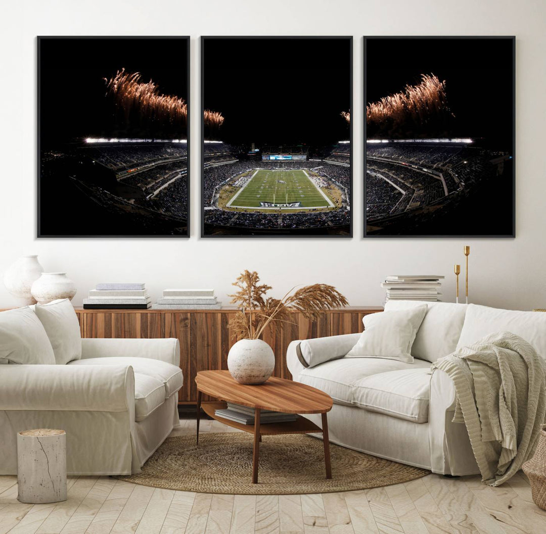 Eagles Stadium Wall Art depicting a nighttime game and fireworks at Lincoln Financial Field.