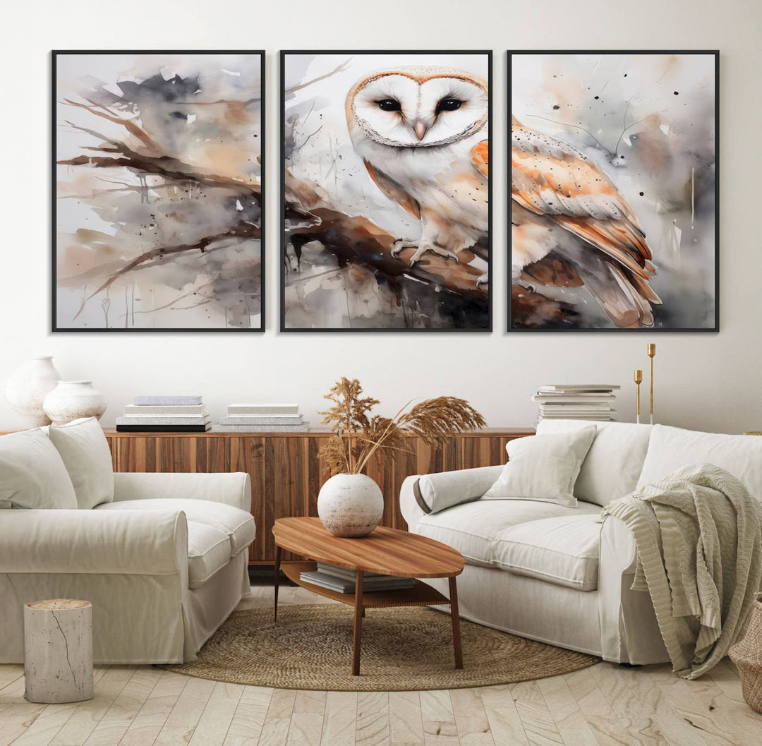 The Barn Owl Wall Art watercolor canvas adds a rustic twist to farmhouse decor.