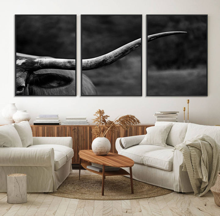 Cow Longhorn Wall Art: This black and white print adds rustic charm.