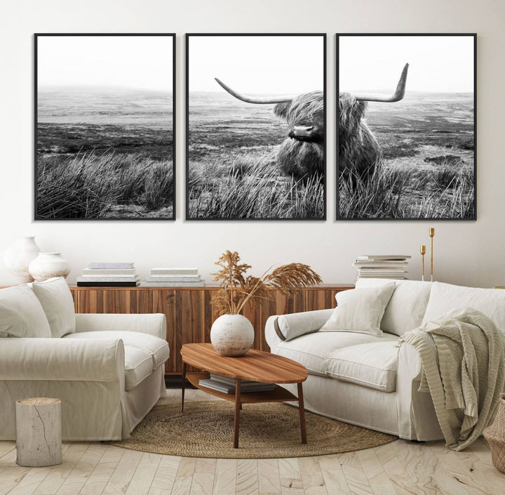 The Scottish Highland Cow black and white canvas print adds rustic farmhouse charm to any wall.