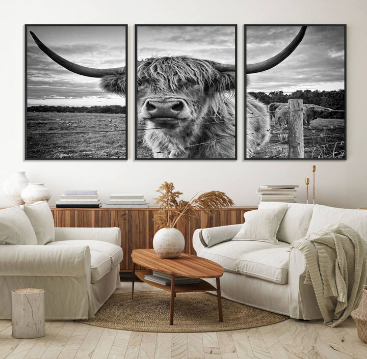 The Scottish Highland Cow Wall Art Canvas Print is ready to hang and framed, adding rustic farmhouse decor to your wall.