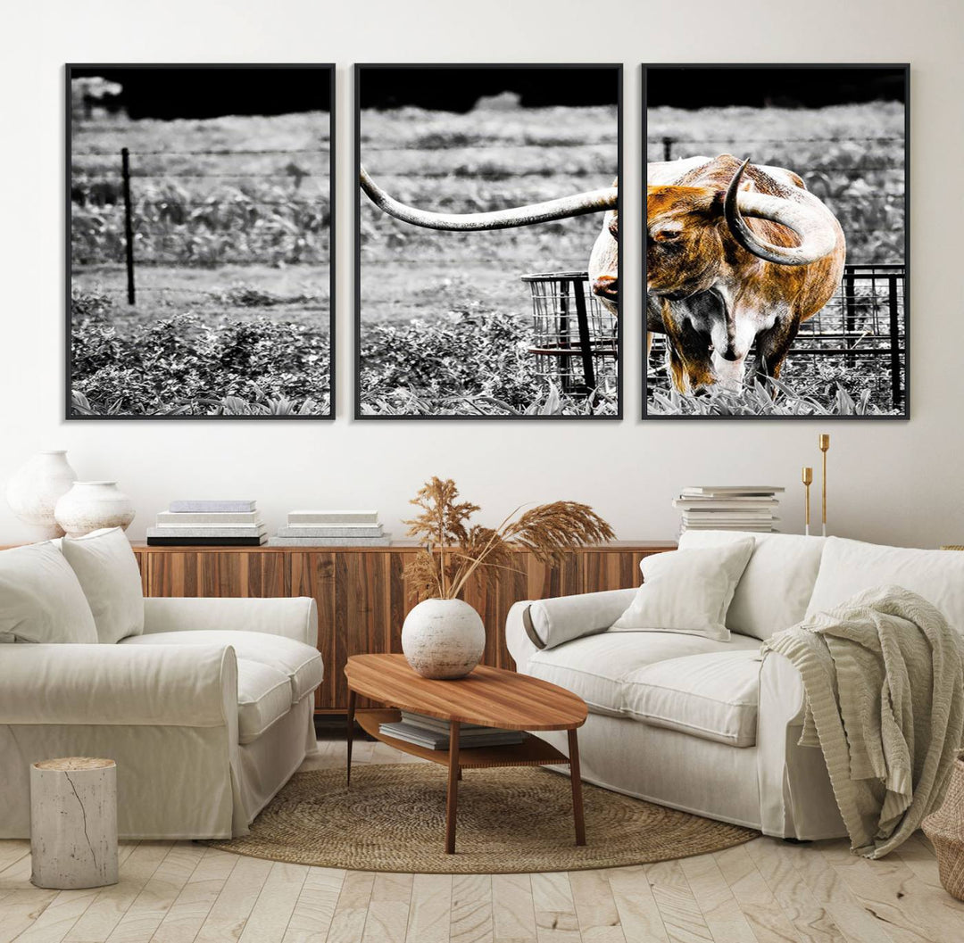 Majestic Texas Longhorn Cow Wall Art features a ready-to-hang canvas print that complements rustic farmhouse décor.