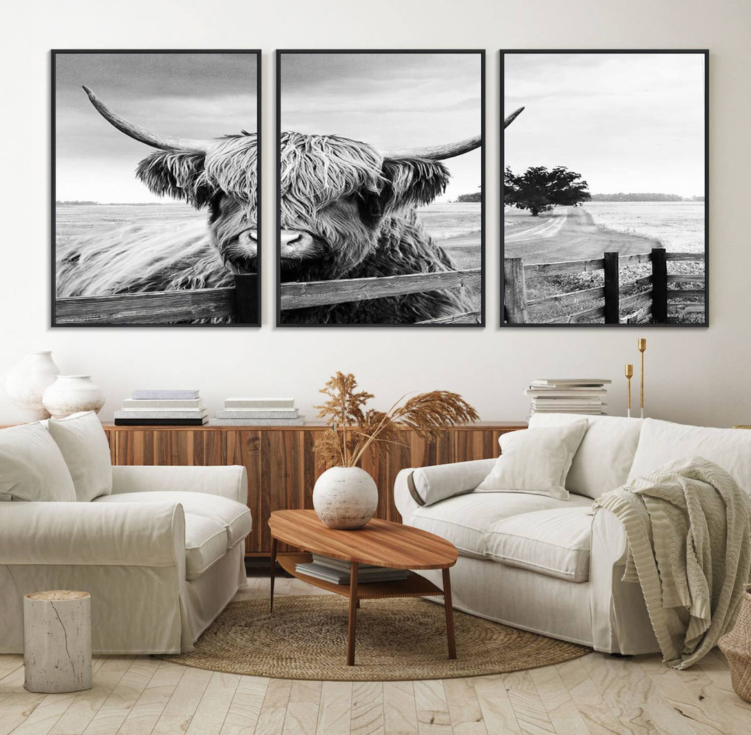 The Scottish Highland Cow Wall Art, a black and white canvas print, enhances rustic farmhouse décor.