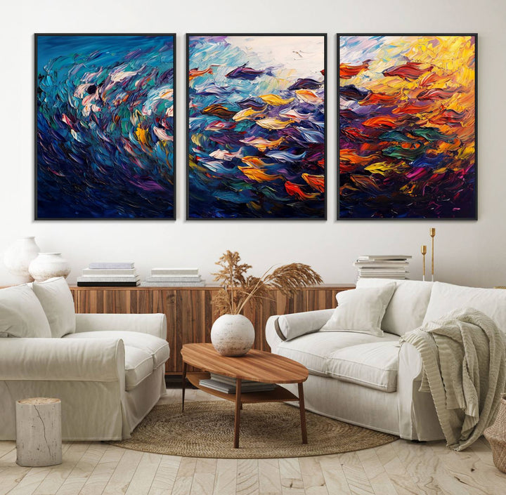 The Vibrant Abstract Fish Swarm Art features a colorful 3-piece canvas that adds a pop of color.