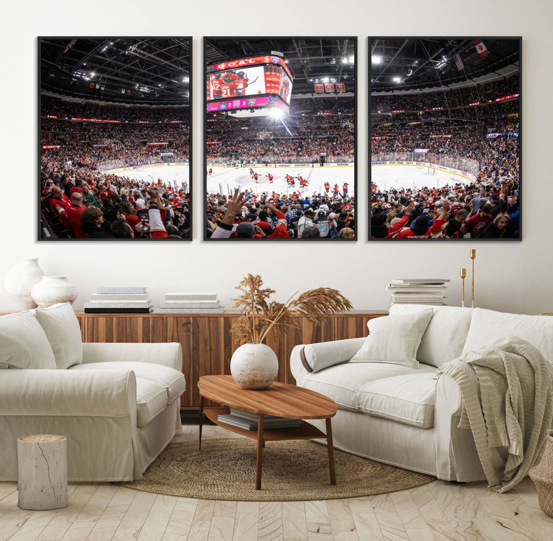 The wall art, a high-quality basketball arena canvas, evokes the excitement of fans cheering at the Amerant Bank Arena.