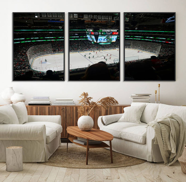 The Dallas Stars Wall Art Canvas Print is as clear as the scoreboard stats at a hockey game in a large arena with bright lights.