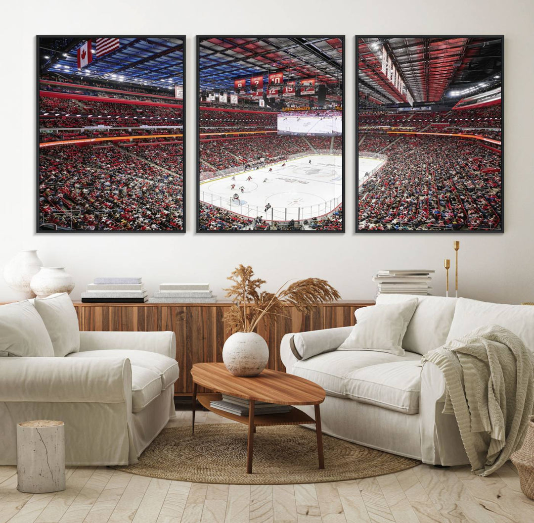 A Barton Malow canvas depicting Little Caesars Arena from above is beautifully printed in high resolution for your wall.