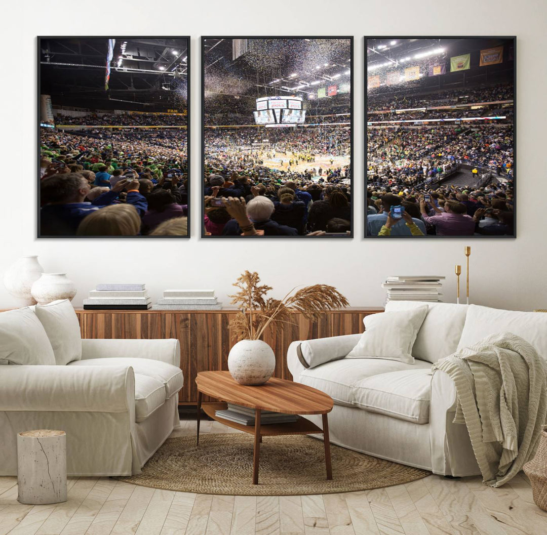 Our ready-to-hang canvas print captures the vibrant scene of the Bridgestone Arena illuminated with fans and confetti.