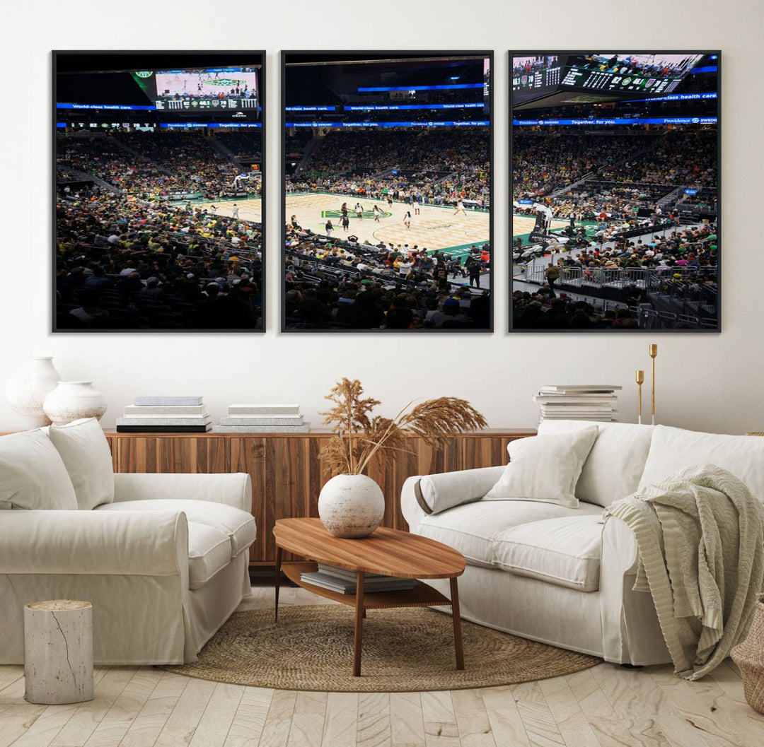 The Canvas Print of Climate Pledge Arena featuring the Seattle Kraken enhances a living room wall.