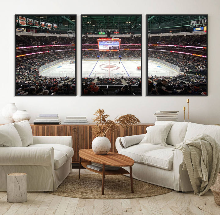 The wall art of the Honda Center California Anaheim Ducks Ice Hockey Stadium features a depiction of the rink and scoreboard from the perspective of the upper deck.