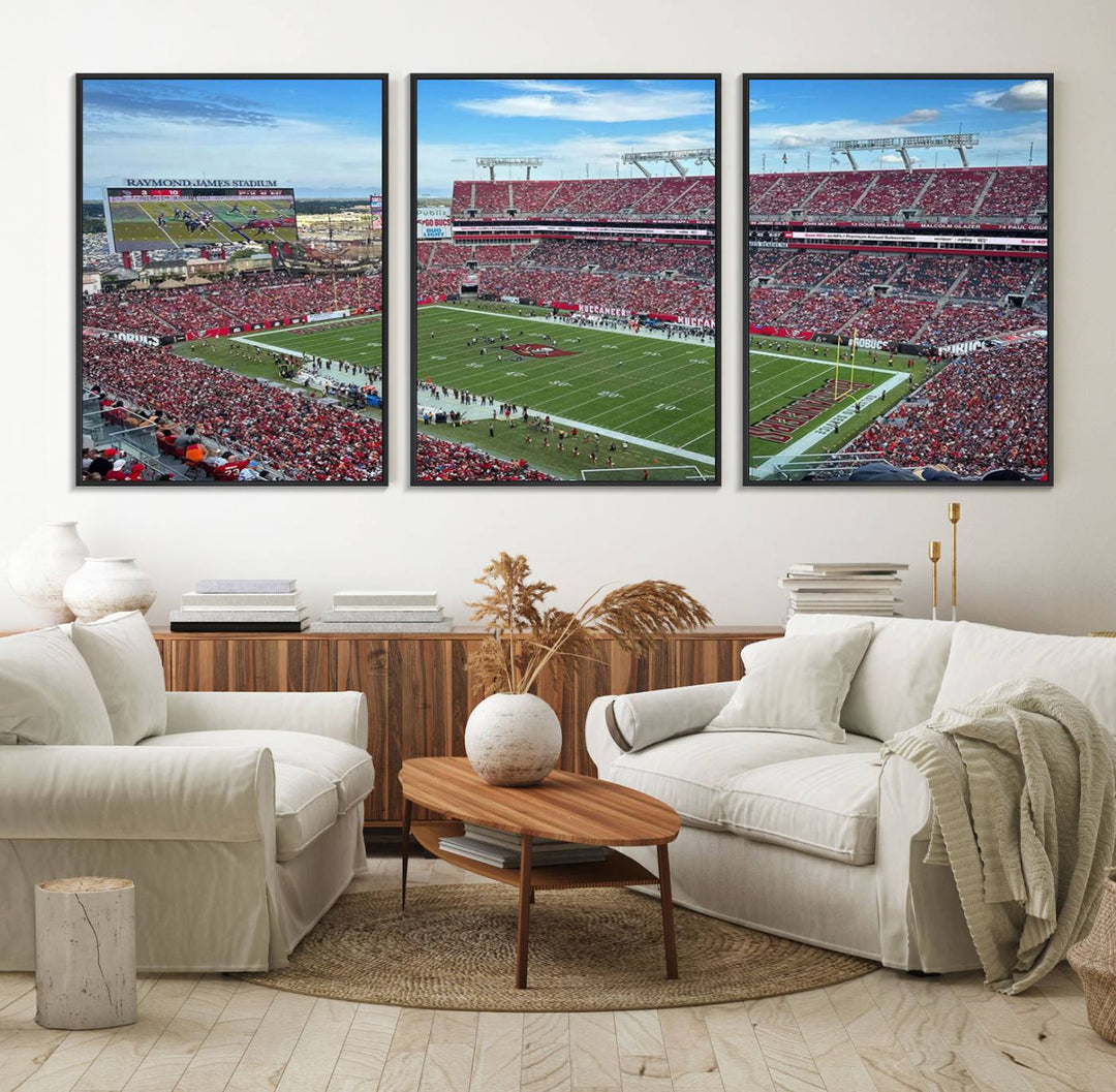 The Florida Tampa Raymond James Stadium Wall Art Canvas Print is featured above the cabinet.